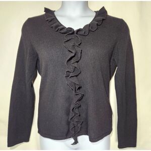 PRIVÉ Ruffle Front 100% Cashmere Pullover V-Neck Sweater Size L Black Feminine